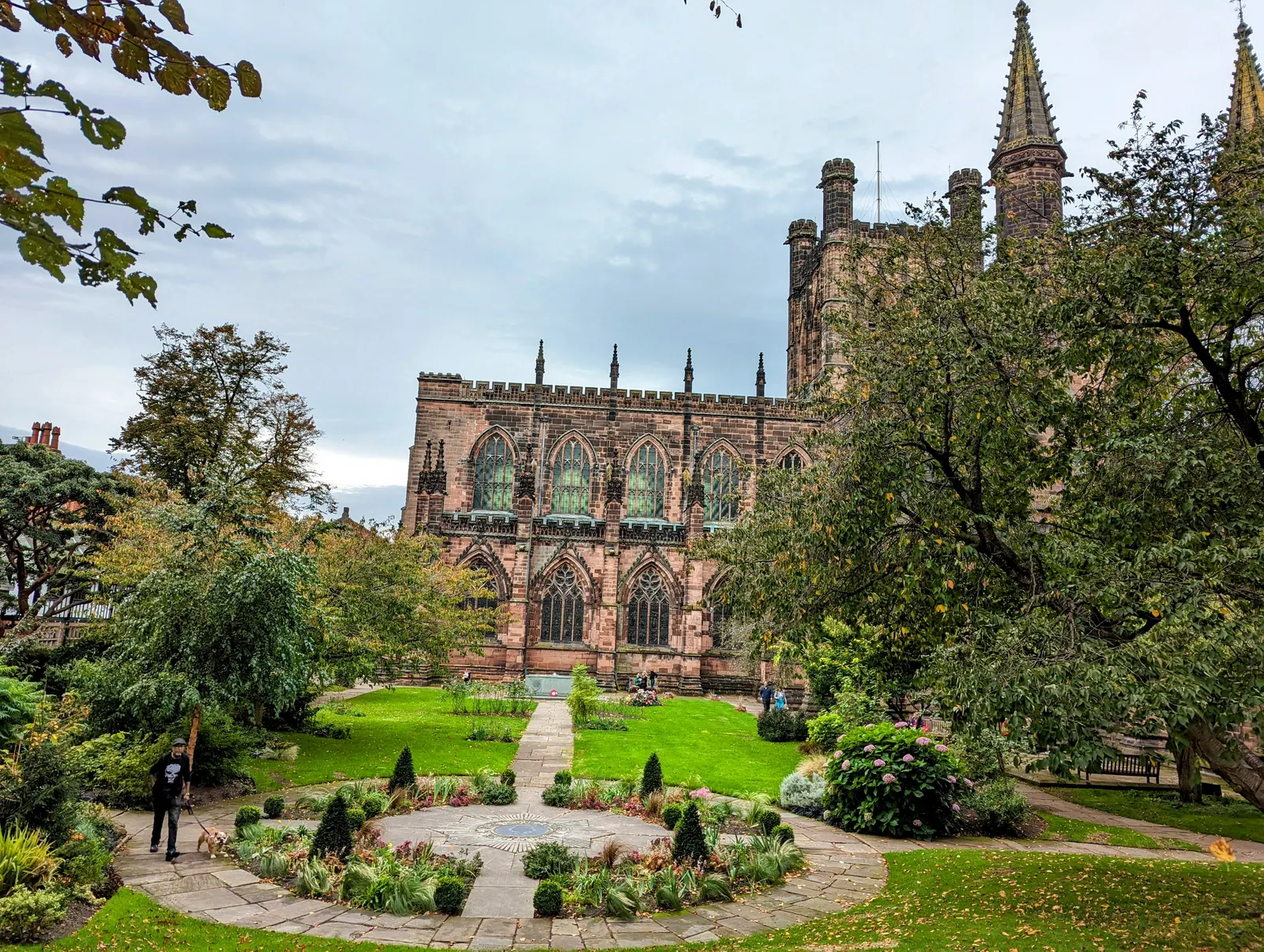Chester Cathedral seen from the gardens in autumn colour